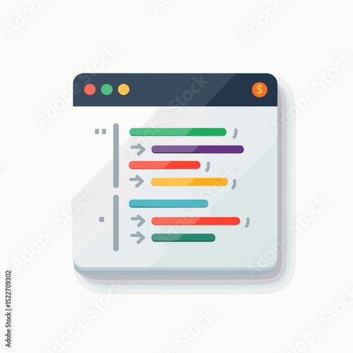 Flat Design Illustration of a Code Window with Colorful Lines Representing Code Snippets