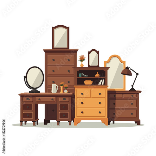 Collection of Vintage Wooden Furniture with Mirrors and Drawers, Flat Vector Illustration