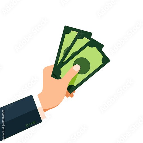 Hand Holding Three Green Paper Currency Bills, Illustrating Financial Transaction and Payment Concept