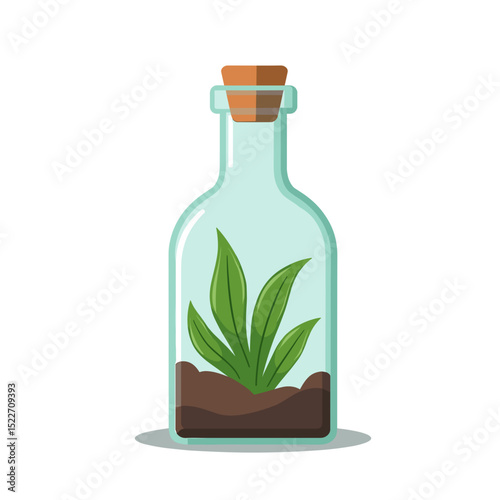 Terrarium Illustration: A Small Plant Growing Inside a Glass Bottle with Cork Stopper, Vector Art