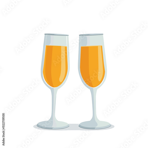 Two Champagne Flutes Filled with Orange Liquid, Toasting or Celebrating, Vector Illustration