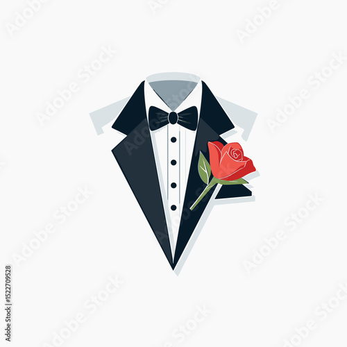 Elegant Tuxedo with Bow Tie and Red Rose Boutonniere, Formal Wear Illustration for Celebrations