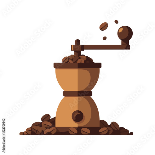 Vintage Coffee Grinder with Coffee Beans Illustration in Flat Design Style, Perfect for Coffee Shop Branding
