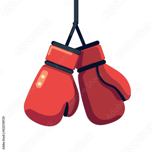 Hanging Red Boxing Gloves Illustration with Black Straps and White Background, Sports Equipment