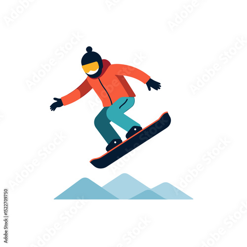 Cartoon Snowboarder Jumping High Above Snowy Peaks Illustration for Winter Sports Promotion