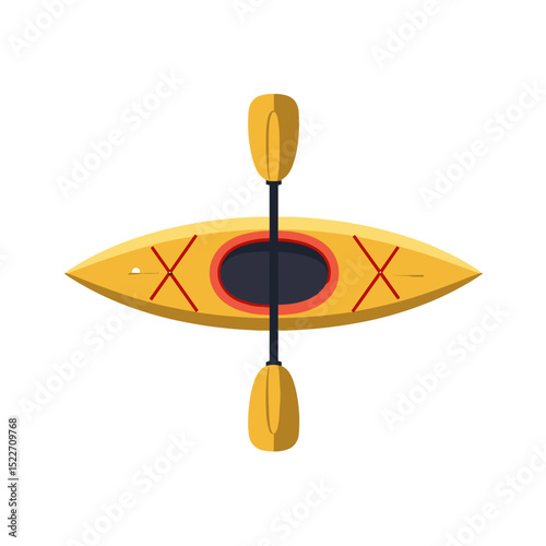 Top View Flat Vector Illustration of a Yellow Kayak with Paddle for Water Sports and Recreation