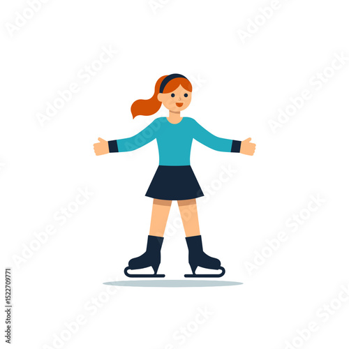 Cartoon Illustration of a Young Woman Ice Skating with Arms Outstretched for Balance and Performance