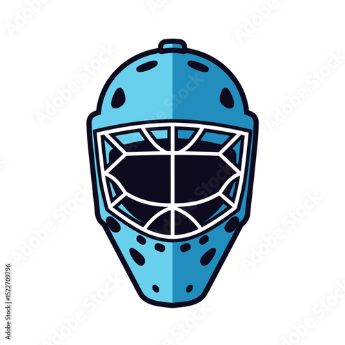 Illustration of a Blue Hockey Goalie Mask with White Cage and Black Accents on a White Background