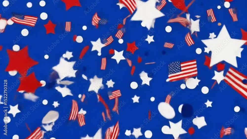 Blue and red animated 4th of July stars and confetti celebration background	