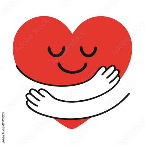 red heart with a smiling face with two arms wrapping around the heart, emoticon