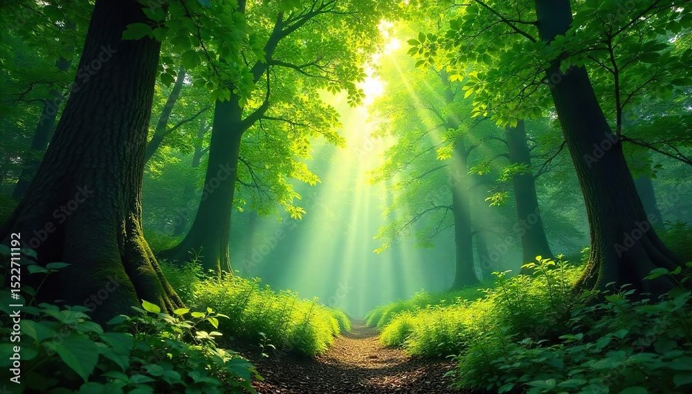 Obraz premium Lush green canopy of a vibrant forest, sunlight dappling through leaves, creating a magical atmosphere Perfect for nature, environmental, and travel projects , botanical, woods