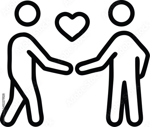 Two people reaching out to each other with a heart symbol representing love and connection icon