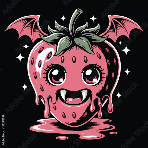 Cute vampire strawberry with bat wings illustration