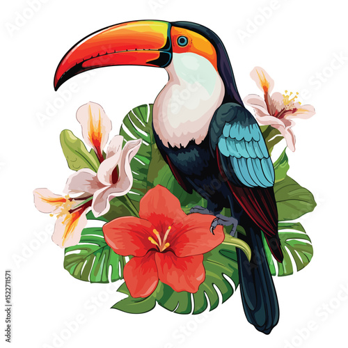 Stunning Wild Birds and Toucan with Exotic Flower - Natural Beauty Captured in Detailed Illustration
