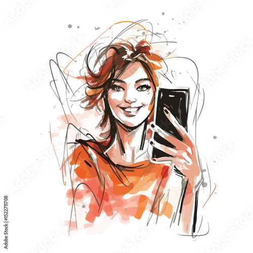 Professional Woman Taking Selfie with Smartphone � Modern Vector Illustration for Social Media Marketing and Technology Blogs