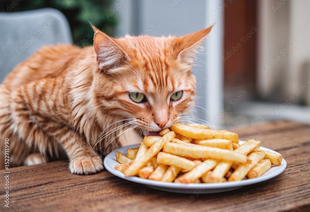 © PNG&Background Image - Portrait of a sneaky cute orange cat trying to lick your French fries on the table with copy space