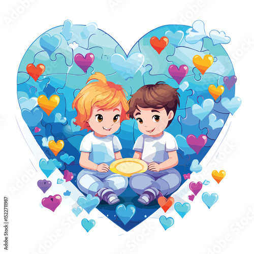 Inclusive World Autism Day Vector Illustration with Happy Kids Solving Heart Puzzle