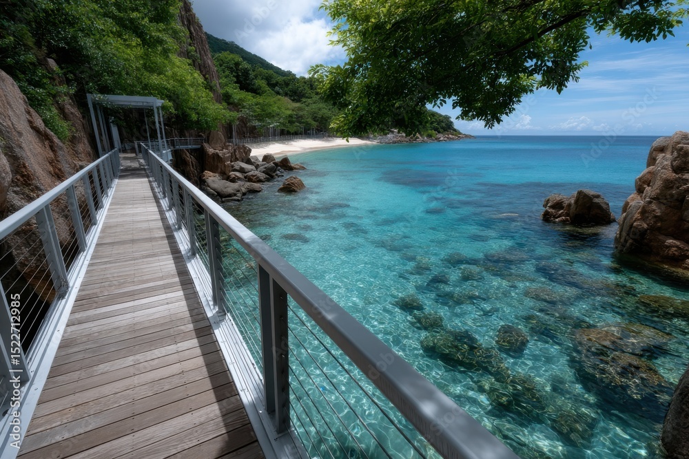 Obraz premium A scenic boardwalk gently curves along a pristine beach, revealing clear turquoise waters and inviting granite boulders, exuding a sense of serenity and natural beauty.