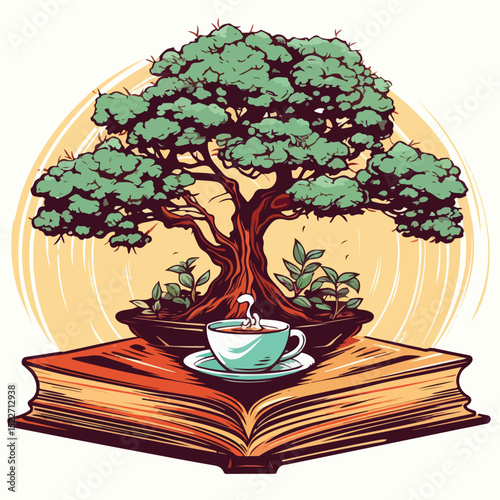 Professional Vector Illustration of Books, Coffee, and Bonsai for Design Projects