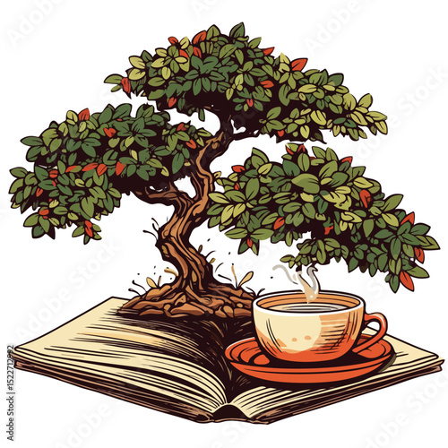 Cozy Workspace with Books, Coffee, and Bonsai Vector Illustration
