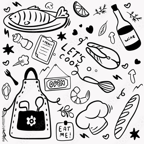 Elements for preparing food for cooking: chef's hat, jump rope, knife and fork, hands with dough, set of cutlery, wine, fish, lettering