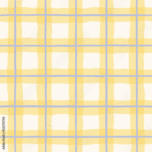 Playful, hand-drawn check seamless pattern background with yellow and blue lines for plaid fabric, shirt, blanket, tablecloth, skirt, clothes, textile.