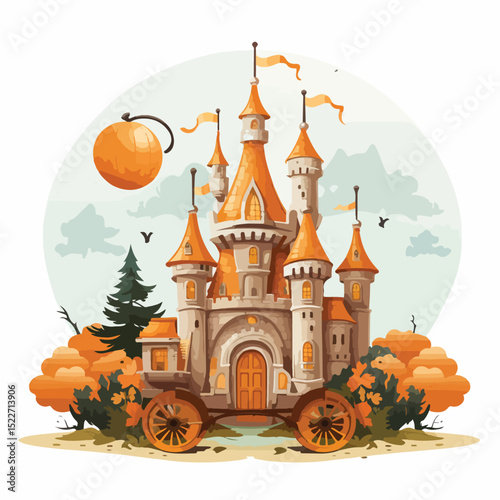 Enchanting Castle with Pumpkin Carriage and Horse in Magical Landscape Vector Illustration