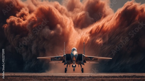 Military jet taking off in a dust cloud