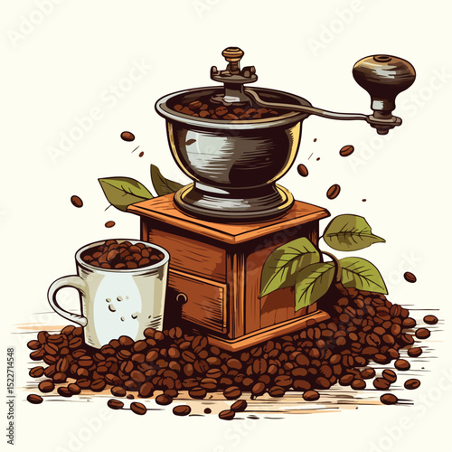 Professional Coffee Grinder with Fresh Coffee Beans and Leaves for Cafe Marketing Materials