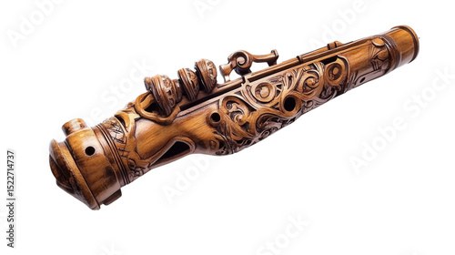 Antique woodwind instrument with decorative carvings Transparent background, PNG file