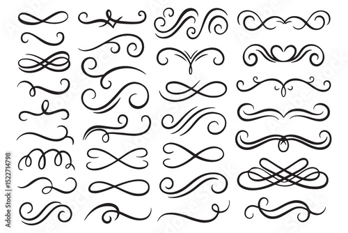 Swirl Line, Decorative Elements, Hand Drawn Sketch, Curly Divider, Vintage Ornament, Flourish Line Set, Vector