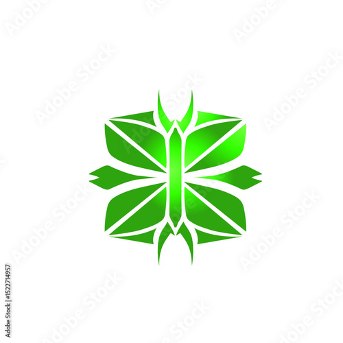 Symmetrical botanical emblem with radiant green on contrasting black canvas