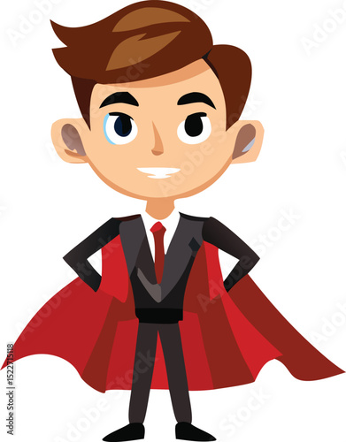 A cartoon illustration of a young businessman in a suit secretly wearing a red cape