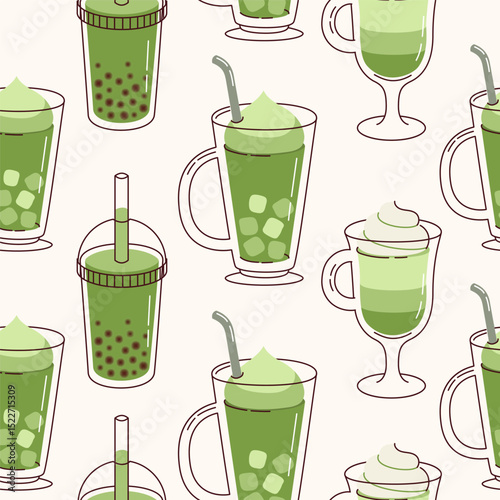 Green matcha seamless pattern.Matcha latte healthy drink. Herbal organic food. Japanese tea culture. Asian culture