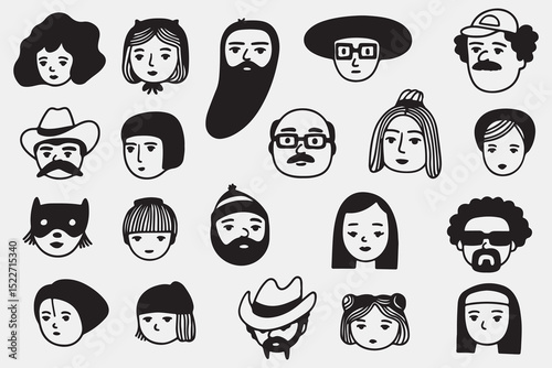 Speech Bubble Characters, Hand Drawn People Avatar Icons, Talking Face Vector Set, Comic Style Portraits, Doodle Communication Symbols, Black White Heads, Chat Face Expressions, Cartoon Person Pack, S