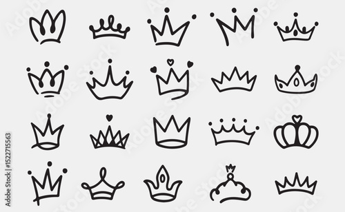 Crown Icons, Royal Symbols, Hand Drawn Crown Set, King Queen Crown, Doodle Style Vector, Crown Sketch Illustration, Luxury Tiara Design, Vintage Crown Drawing, Royalty Emblem Art, Crown Outline Elemen