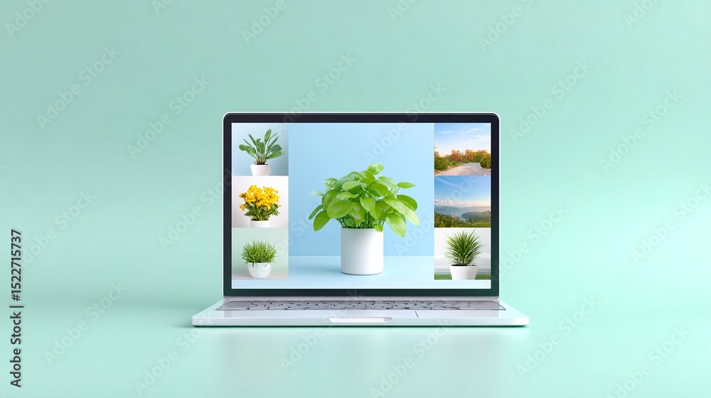 Fototapeta premium Pastel Themed Laptop Displaying a Video Conference Grid of Plants