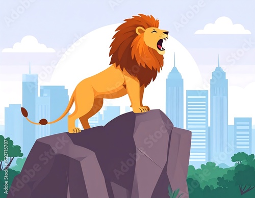 Lion on a rock overlooking a city