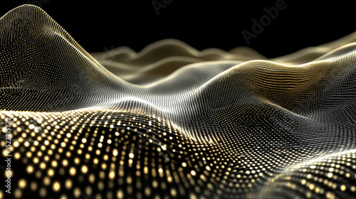Abstract golden glowing surface with a digital wave structure on a black background