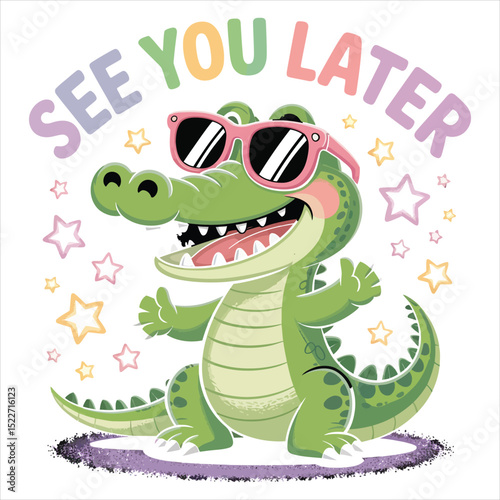 Cute cartoon crocodile wearing sunglasses saying see you later