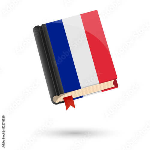 The book is covered in the flag of the French. Vector illustration of 3D language book on white background.