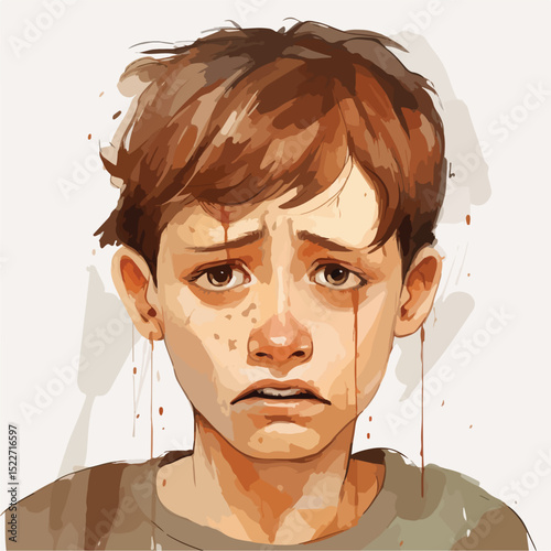 Professional Child Character Drawing of Crying Boy's Head for Emotional Kid Illustration