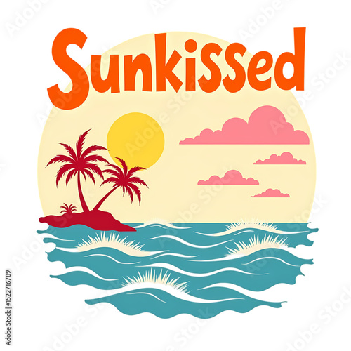 Retro Sunkissed Tropical Island Illustration with Palm Trees and Ocean Waves