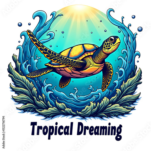Sea Turtle Swimming in Ocean with Sunlight and Waves Illustration