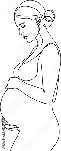 Elegant line drawing of pregnant woman holding belly