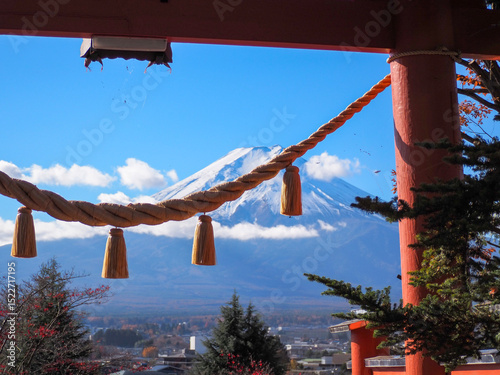 Snow-covered slopes of Mount Fuji on a clear sunny day