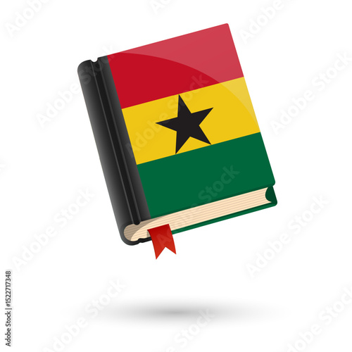 The book is covered in the flag of the Ghana. Vector illustration of 3D language book on white background.
