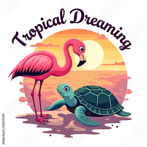 Tropical Dreaming Illustration with Flamingo and Turtle at Sunset on the Beach