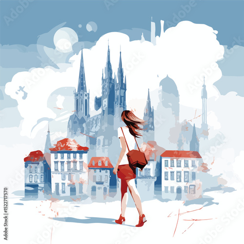Cheerful Young Woman Enjoying City Life - Vector Illustration