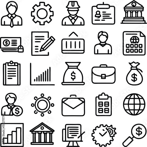 Collection of business and finance icons a diverse set of line art graphics